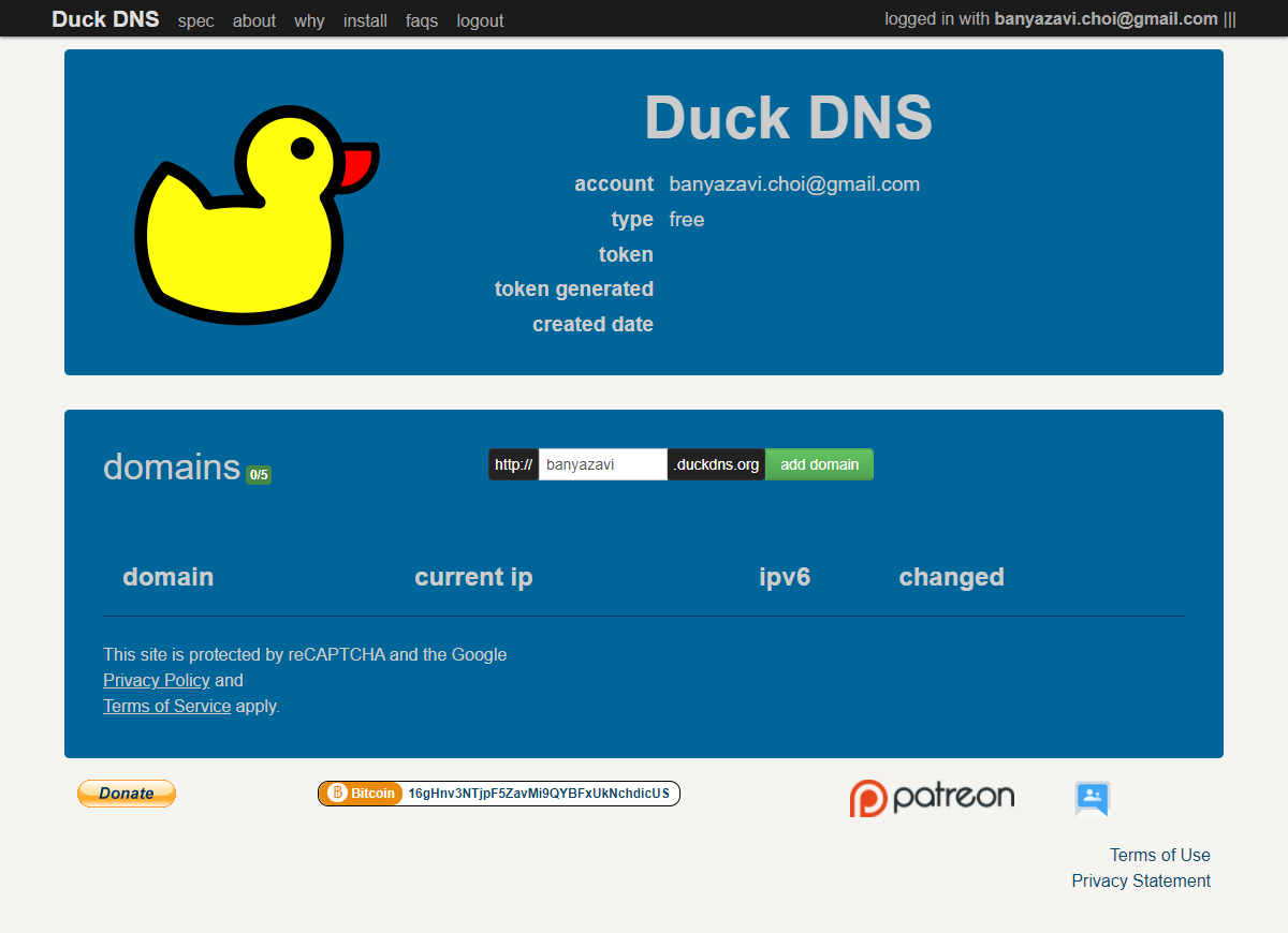 Duck DNS 초기 화면